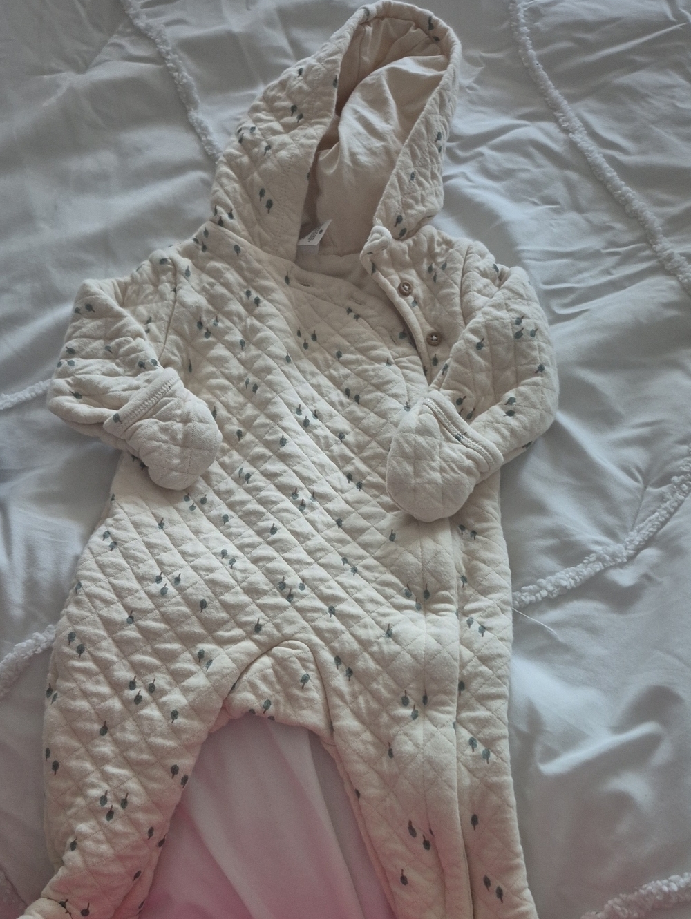 Carter's Cream Quilted Hooded One-Piece Bodysuit with Mittens